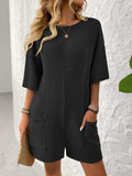 Backless Textured Round Neck Half Sleeve Romper - Trendsi - Flyclothing LLC