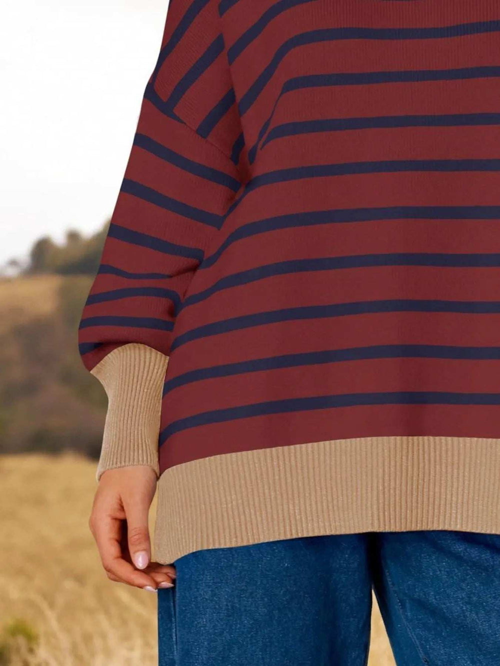 Striped Round Neck Long Sleeve Sweater - Trendsi - Flyclothing LLC