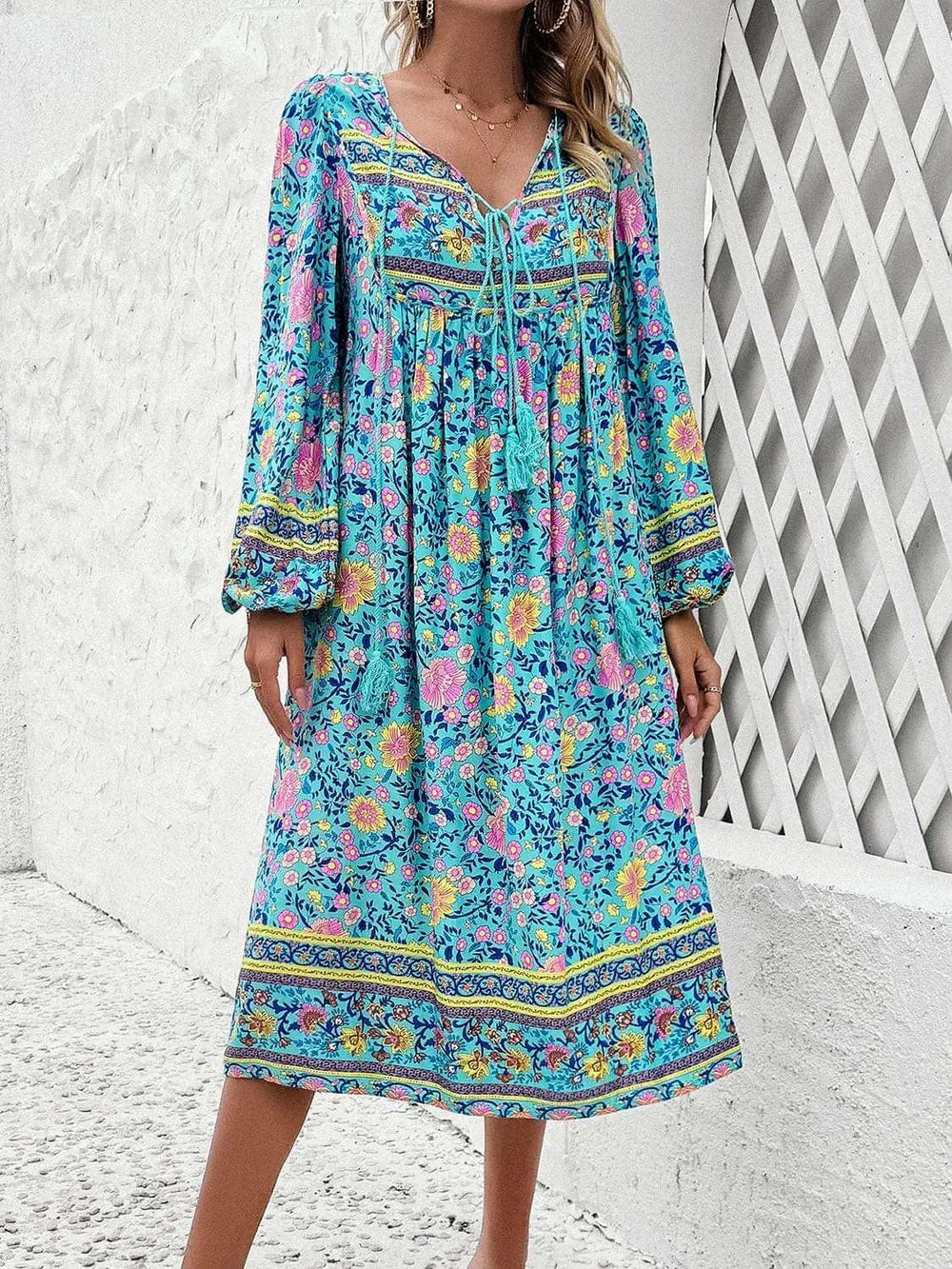 Tassel Tied Printed Long Sleeve Dress - Trendsi - Flyclothing LLC