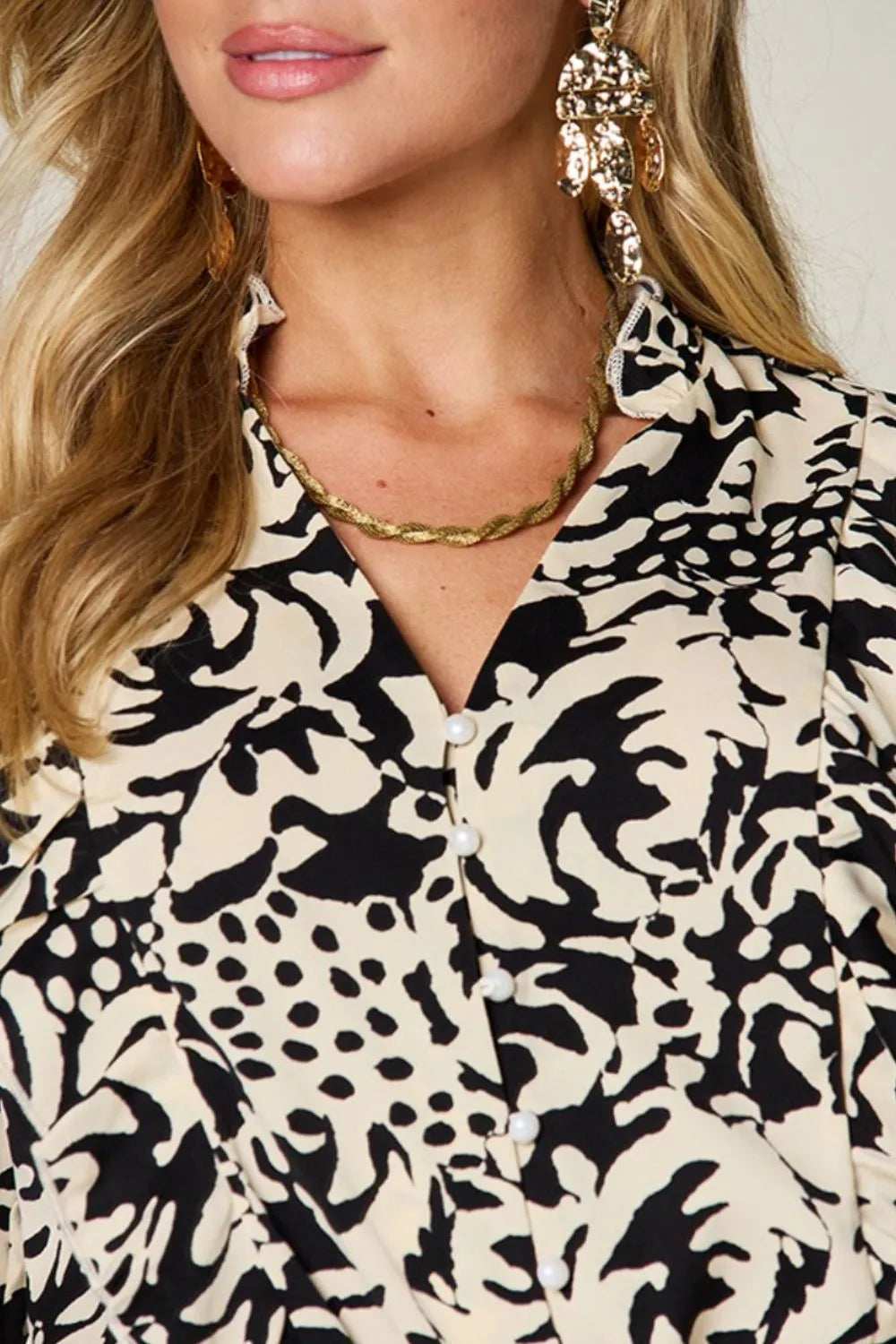 Double Take Full Size Printed Ruffle Trim Balloon Sleeve Shirt - Trendsi - Flyclothing LLC