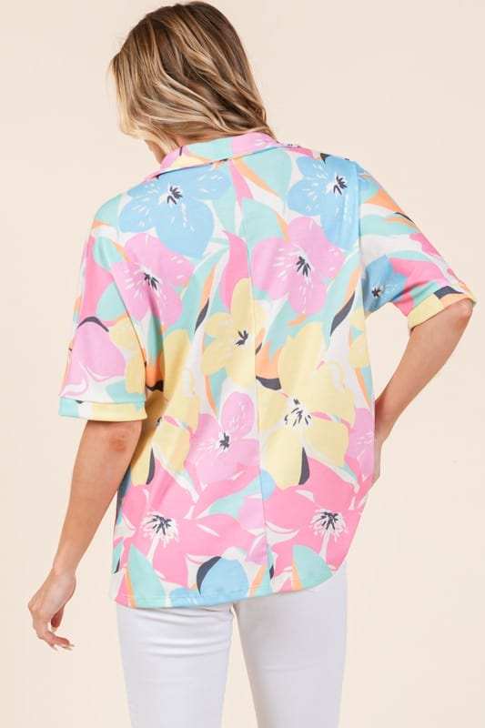 BOMBOM Floral Collared Neck Half Sleeve Top - Trendsi - Flyclothing LLC