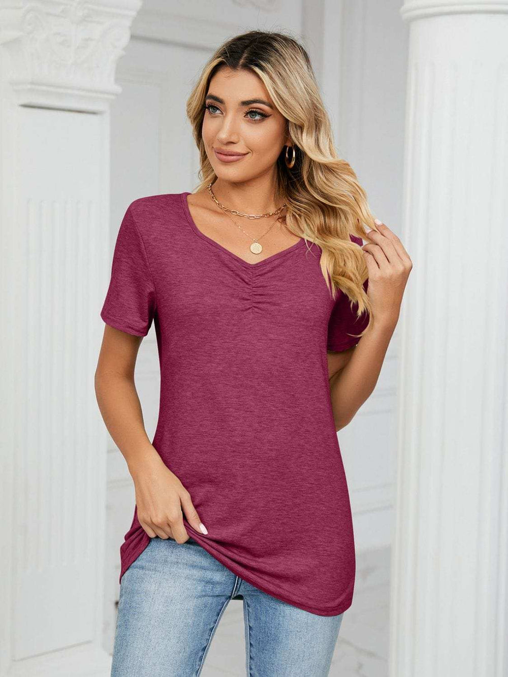 Ruched V-Neck Short Sleeve T-Shirt - Trendsi - Flyclothing LLC
