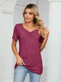 Ruched V-Neck Short Sleeve T-Shirt - Trendsi - Flyclothing LLC