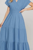 She + Sky Surplice Short Sleeve Tiered Maxi Dress With Pockets - Trendsi - Flyclothing LLC