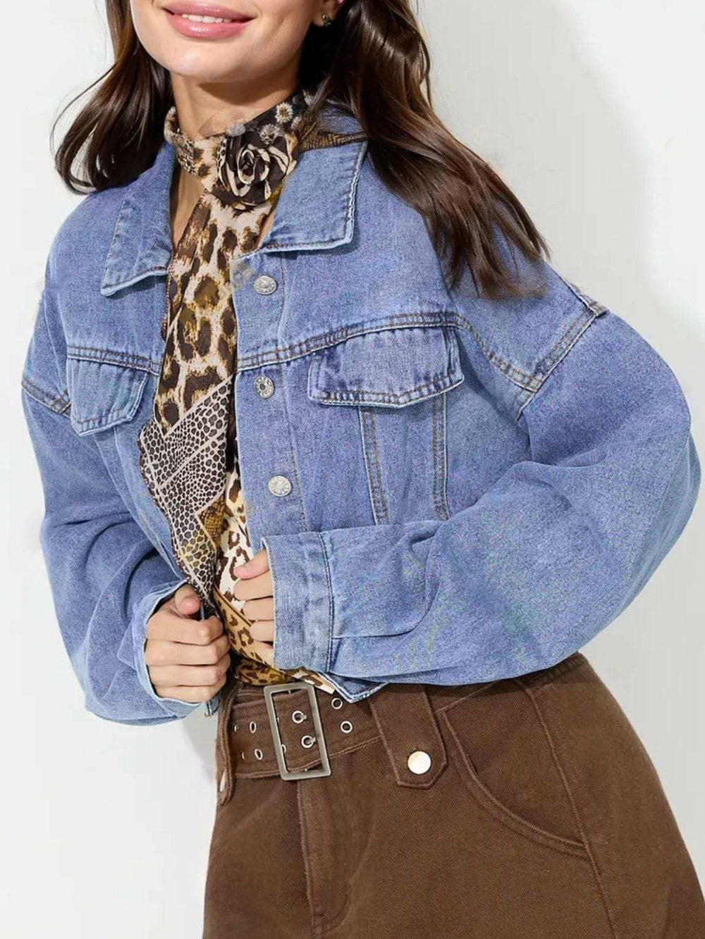 Collared Neck Dropped Shoulder Cropped Denim Top - Trendsi - Flyclothing LLC