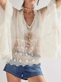 Lace V-Neck Ruffle Long Sleeve Cover-Up - Trendsi - Flyclothing LLC