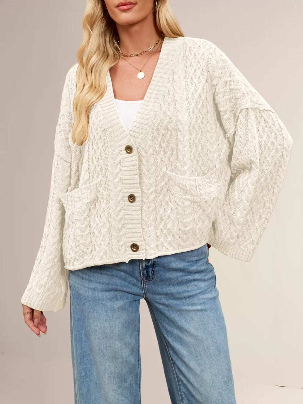 Cable Knit Button-Down Cardigan - Trendsi - Flyclothing LLC