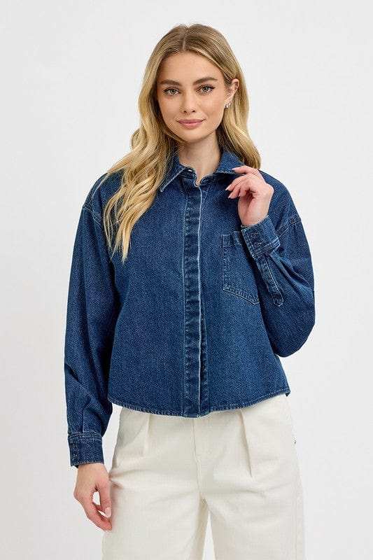 RISEN Button Up Long Sleeve Denim Shacket - Trendsi - Flyclothing LLC