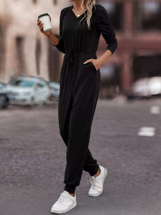 Casual Long Sleeve Drawstring Waist Jumpsuit - Trendsi - Flyclothing LLC