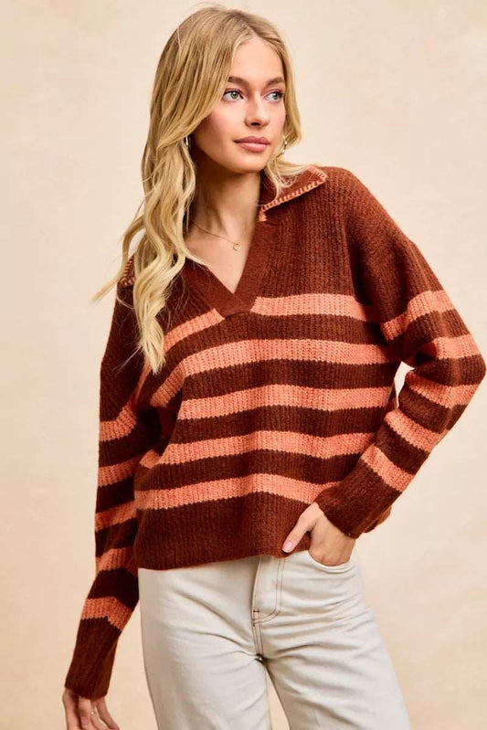 BiBi Striped Sweater Top with Collar Stitched Details - Trendsi - Flyclothing LLC