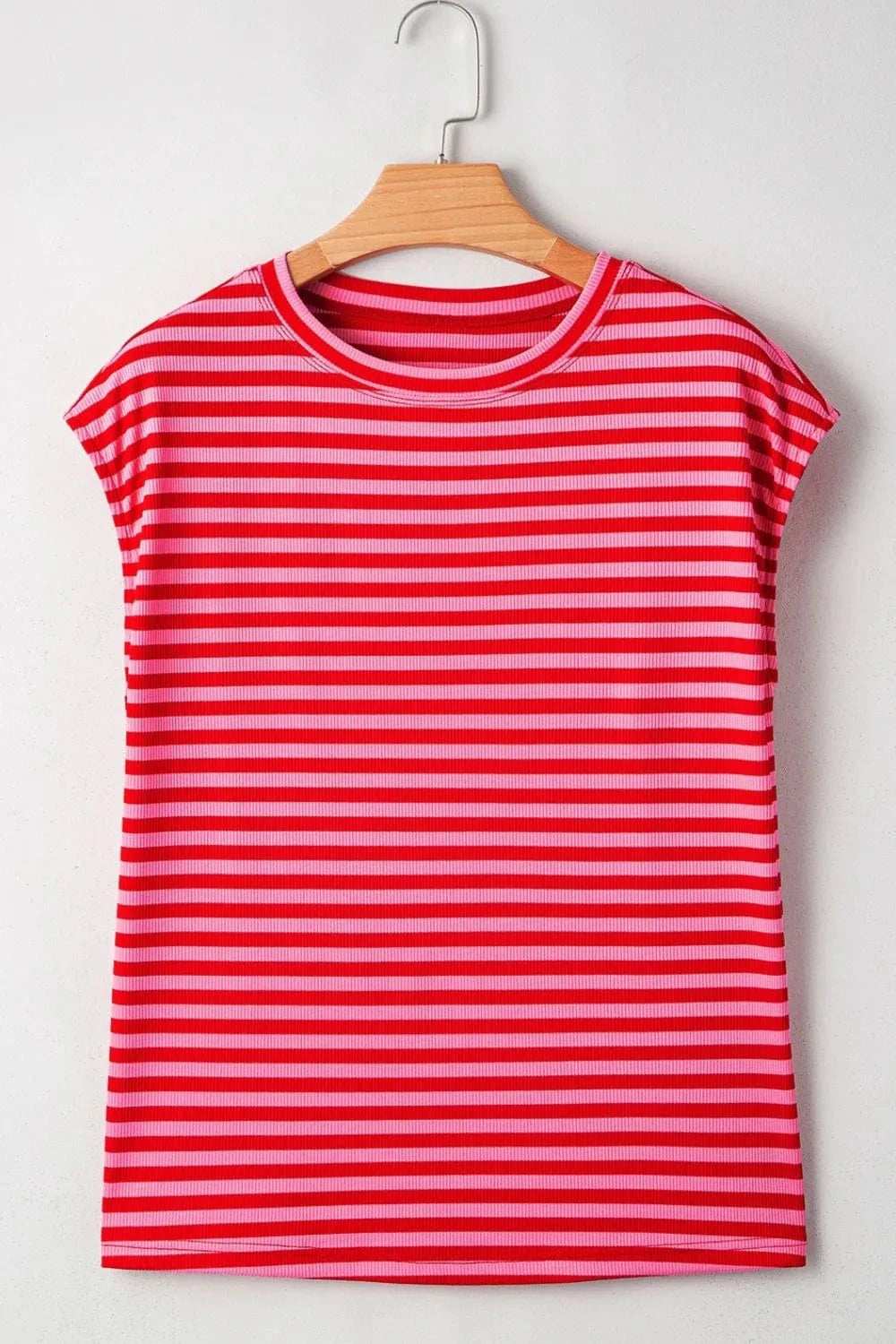 Stripe Ribbed Cap Sleeve Round Neck T Shirt - Trendsi - Flyclothing LLC