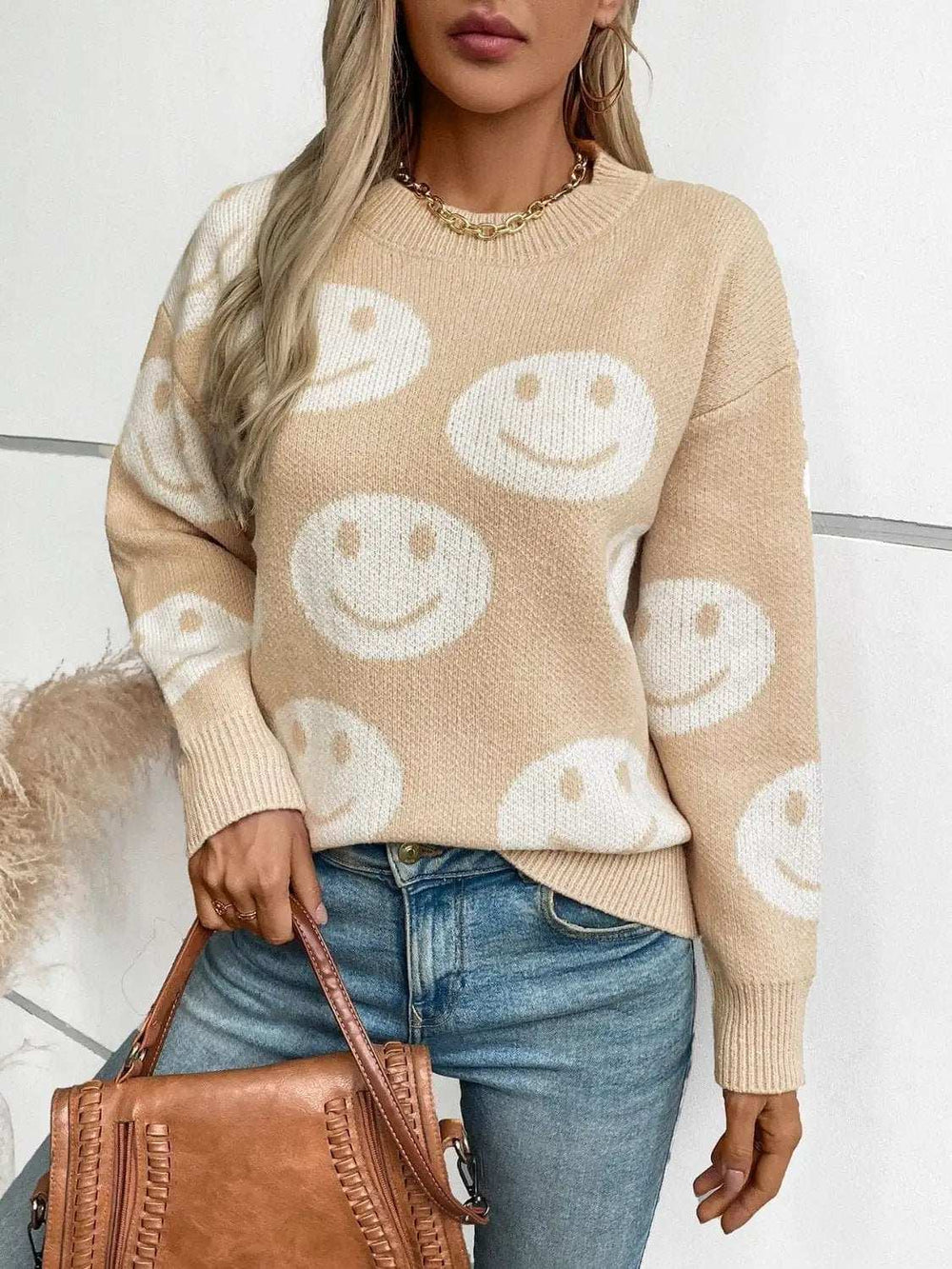 Smile Pattern Round Neck Long Sleeve Sweater - Trendsi - Flyclothing LLC