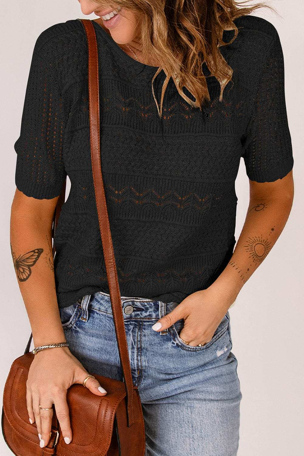 Round Neck Short Sleeve Knit Top - Trendsi - Flyclothing LLC