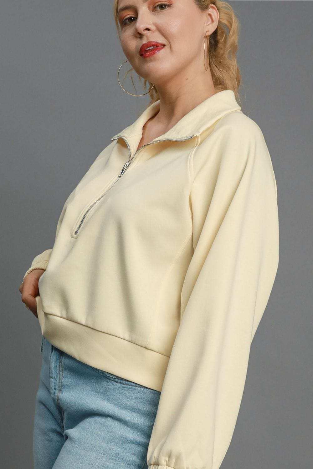 Umgee Full Size Half Zip Cropped Sweatshirt Plus Size - Trendsi - Flyclothing LLC