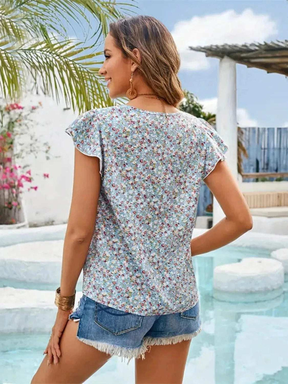 Floral Print Flutter Sleeve Crochet Trim Blouse - Trendsi - Flyclothing LLC