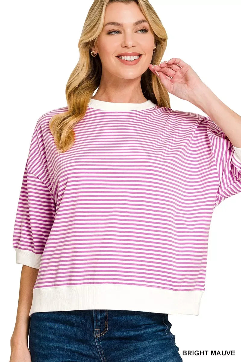 Zenana Striped Contrast Trim Banded Bottom Top - Trendsi - Flyclothing LLC