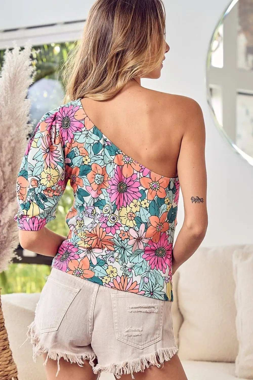 BiBi Floral Puff Sleeve One Shoulder Top - Trendsi - Flyclothing LLC