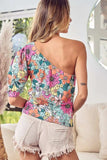 BiBi Floral Puff Sleeve One Shoulder Top - Trendsi - Flyclothing LLC