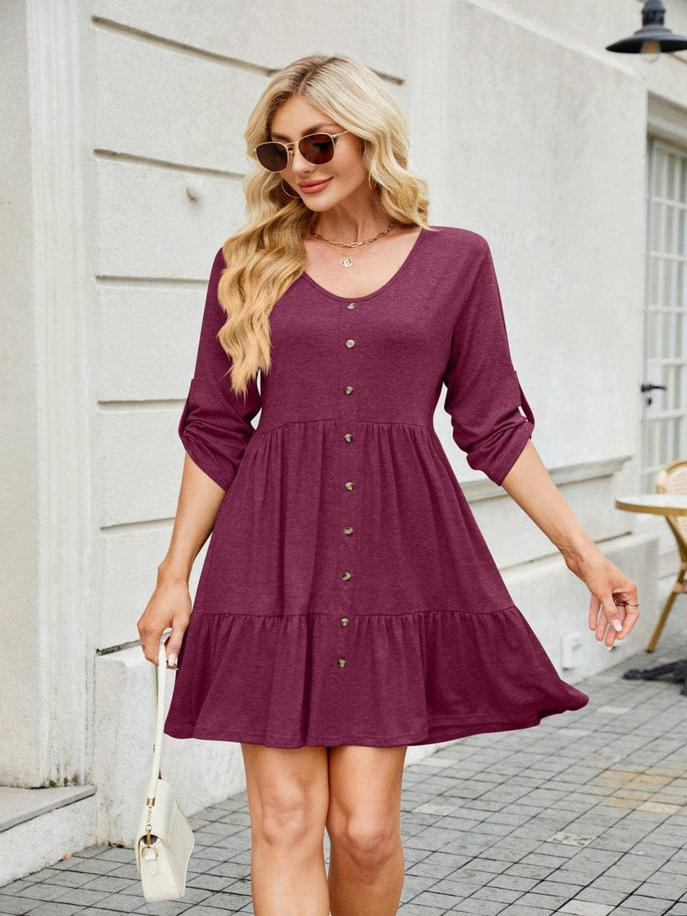 Tiered Ruched V-Neck Mini Dress - Trendsi - Flyclothing LLC