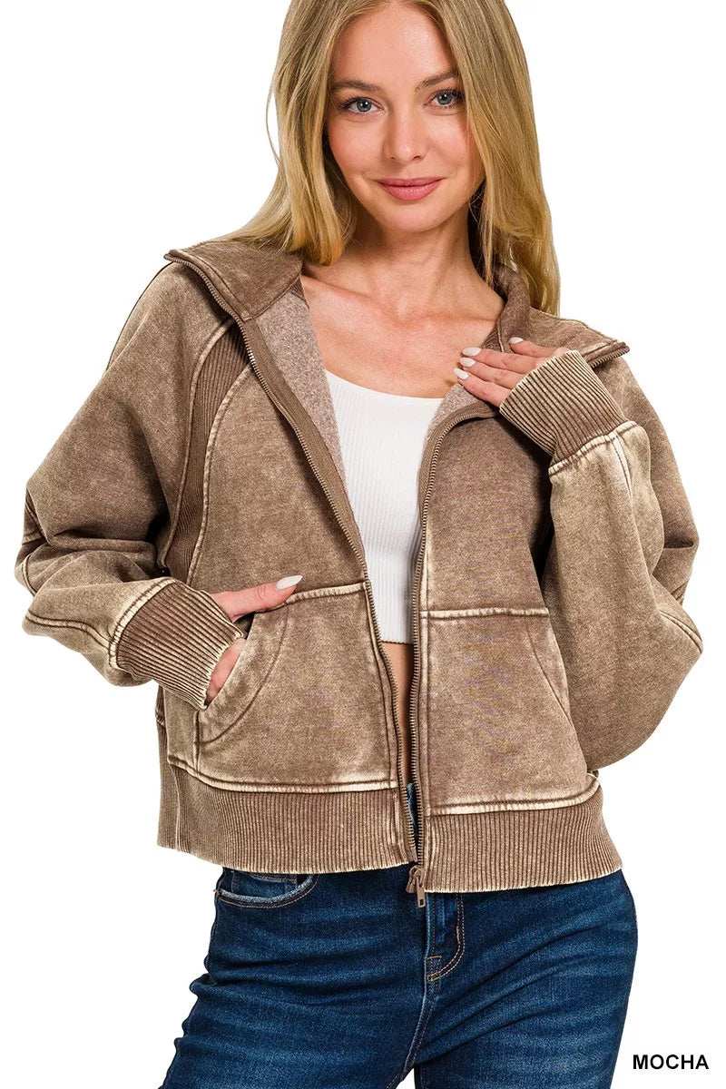 Zenana Acid Wash Zip Up Fleece Jacket - Trendsi - Flyclothing LLC