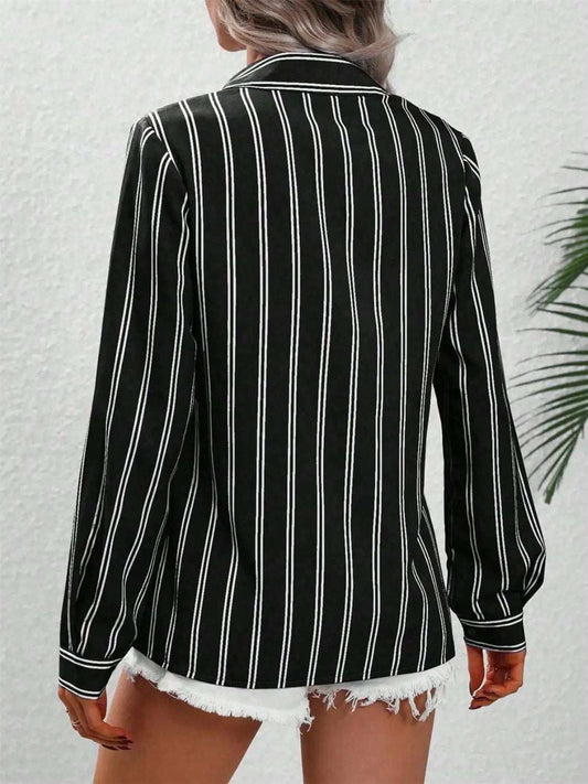Striped Collared Neck Long Sleeve Shirt - Trendsi - Flyclothing LLC