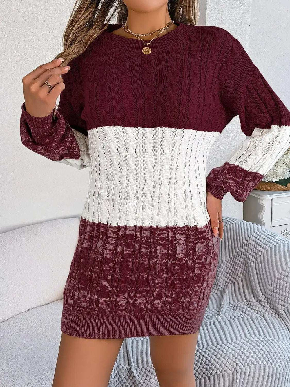 Cable-Knit Round Neck Color Block Sweater Dress - Trendsi - Flyclothing LLC