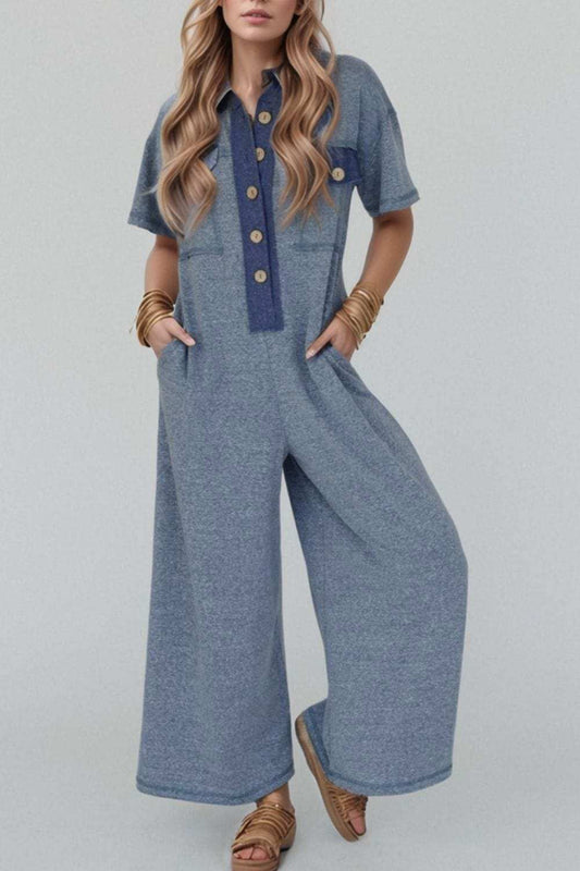 Placket Chest Pockets Short Sleeve Wide Leg Jumpsuit - Trendsi - Flyclothing LLC