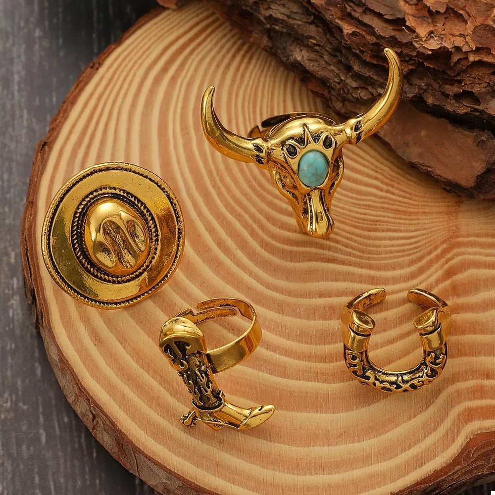 4 Piece Vintage Western Style Bull Head Rings - Trendsi - Flyclothing LLC