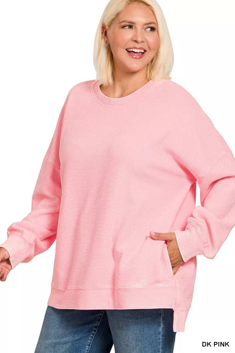 Zenana Full Size Acid Washed Double Ribbed Hi-low Sweatshirt Plus Size - Trendsi - Flyclothing LLC