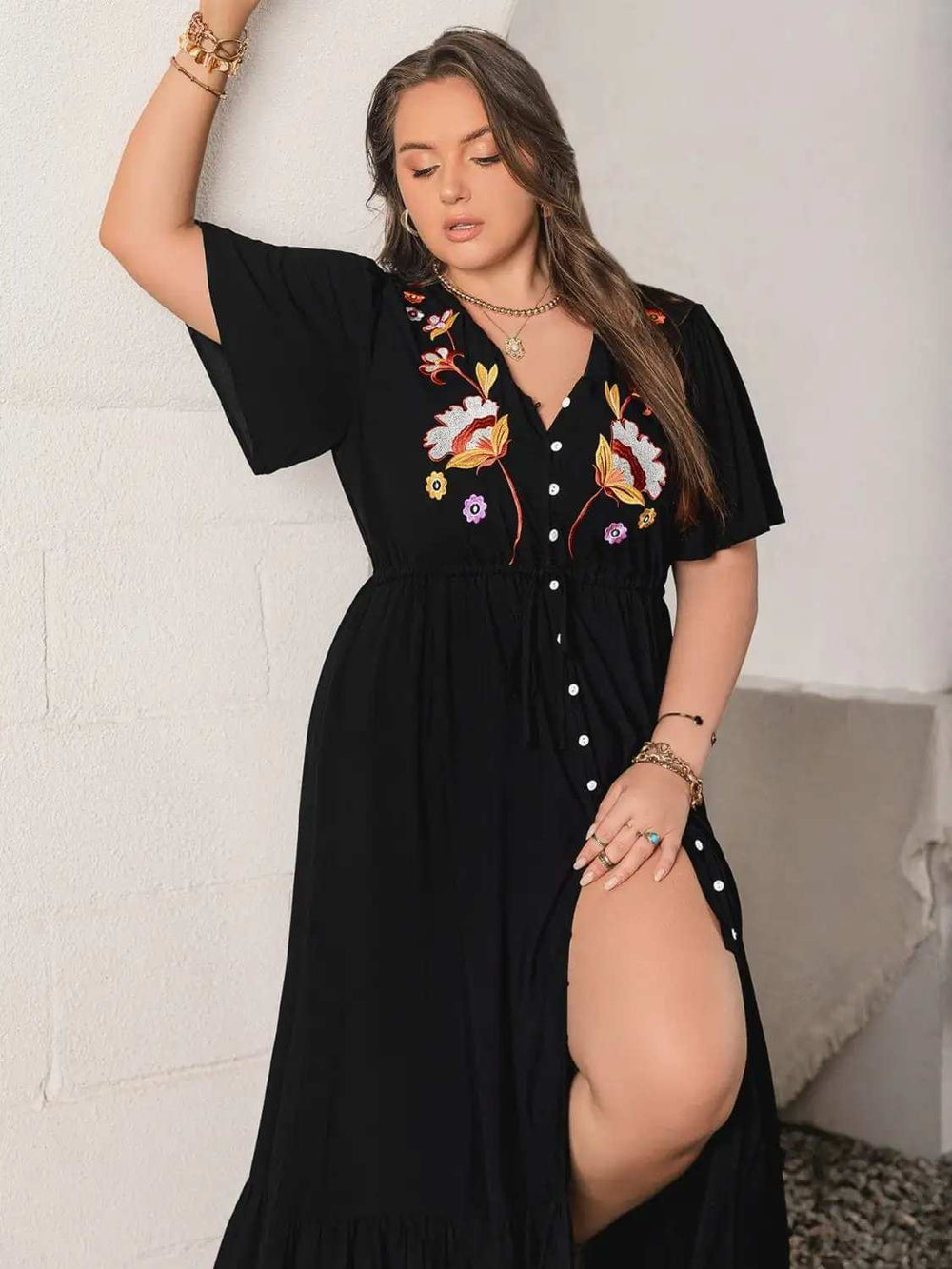 Plus Size Embroidered V-Neck Flutter Sleeve Maxi Dress - Trendsi - Flyclothing LLC