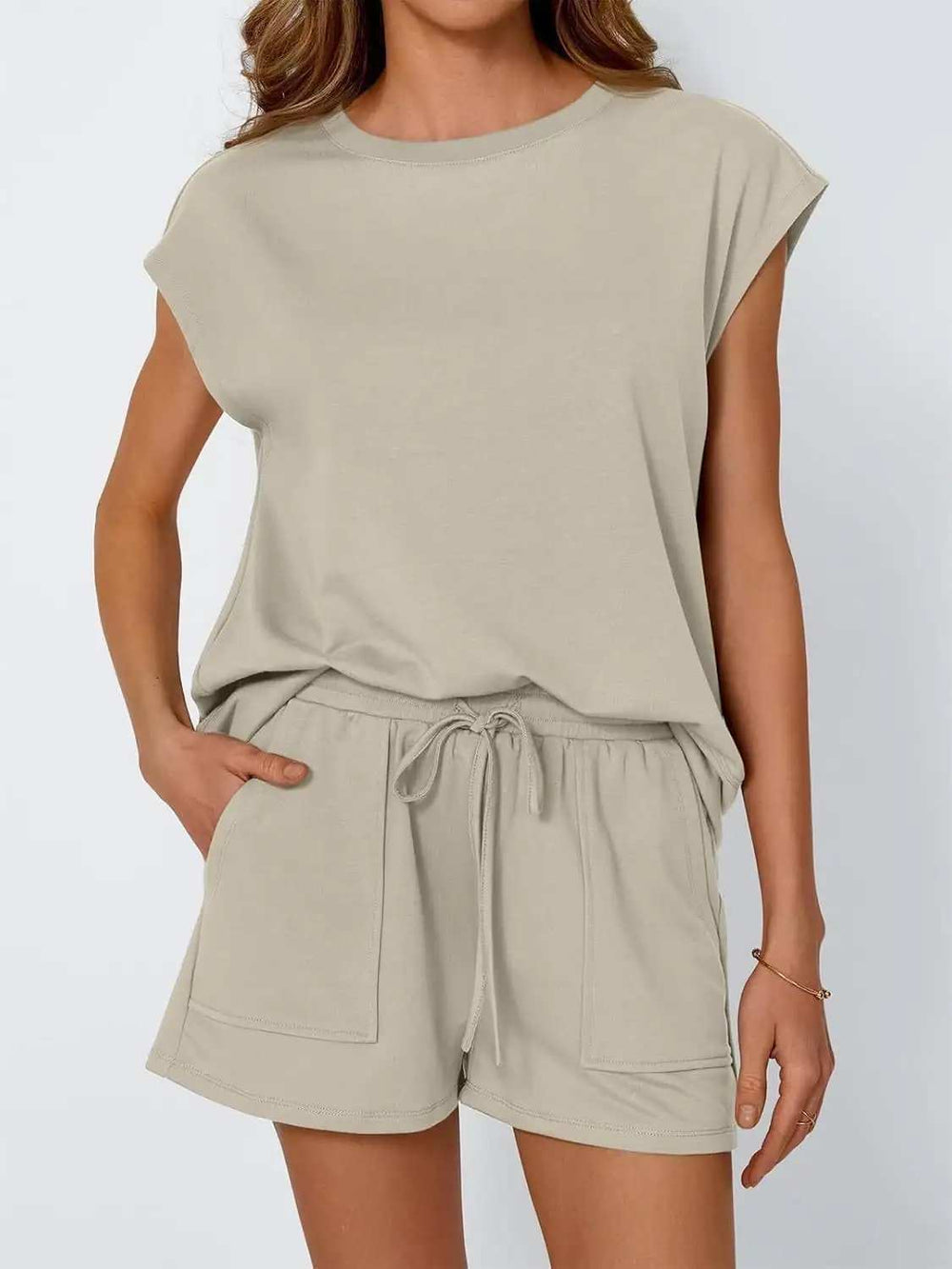 Round Neck Cap Sleeve Top and Shorts Set - Trendsi - Flyclothing LLC