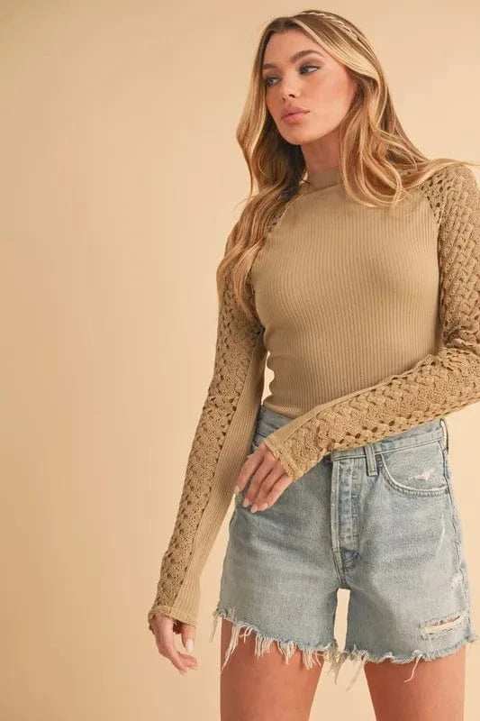 Aemi+Co Mock Neck Ribbed Knit Top with Crochet Sleeve - Trendsi - Flyclothing LLC