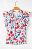Ruffled Printed V-Neck Cap Sleeve Blouse - Trendsi - Flyclothing LLC