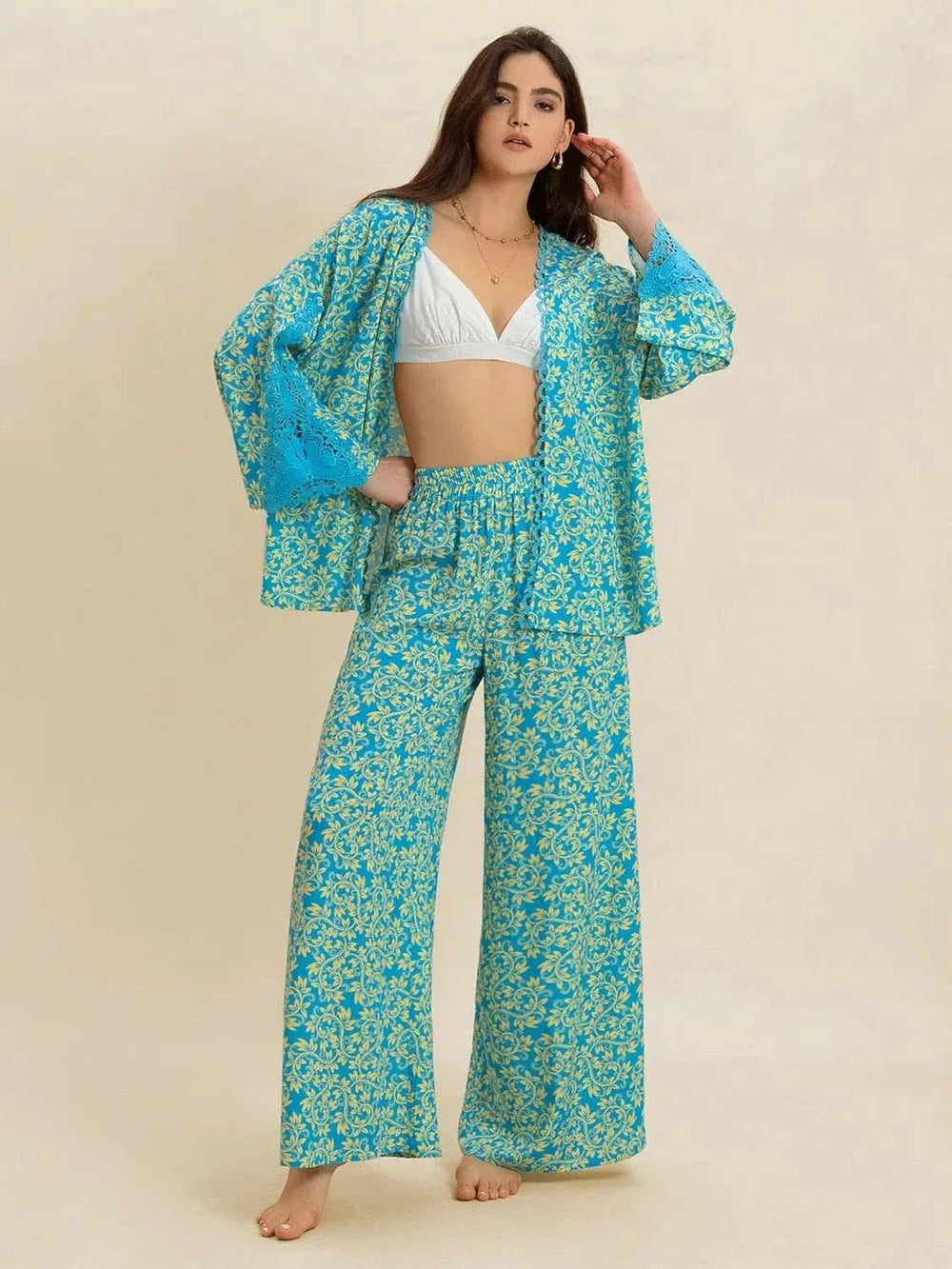 Open Front Printed Top and Pants Set - Trendsi - Flyclothing LLC