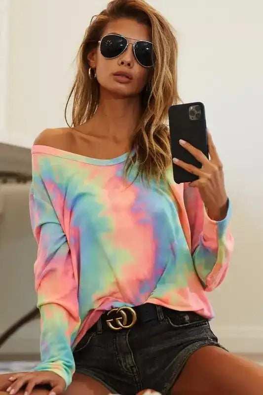 BiBi Tie Dye French Terry Long Sleeve Knit Top - Trendsi - Flyclothing LLC