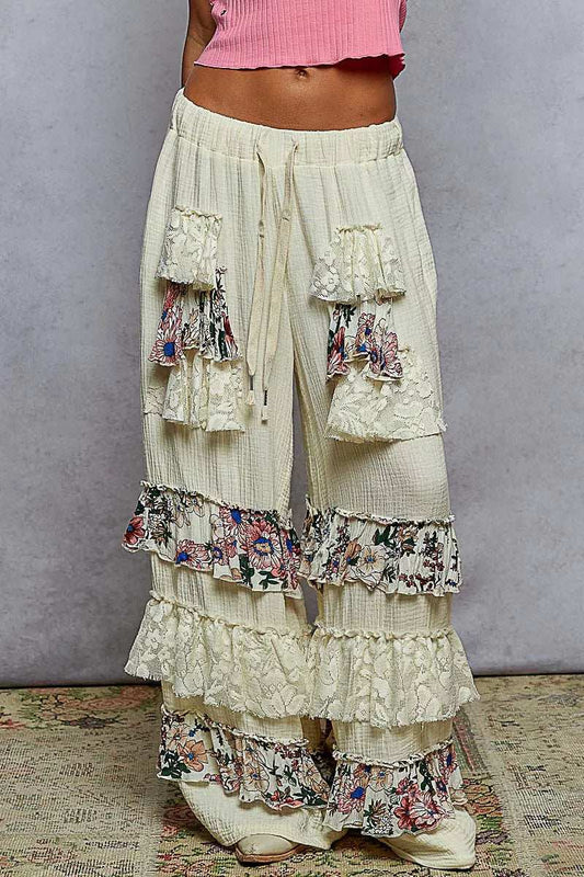 POL Drawstring Double Gauze Wide Leg Pants with Print and Lace Ruffle - Trendsi - Flyclothing LLC