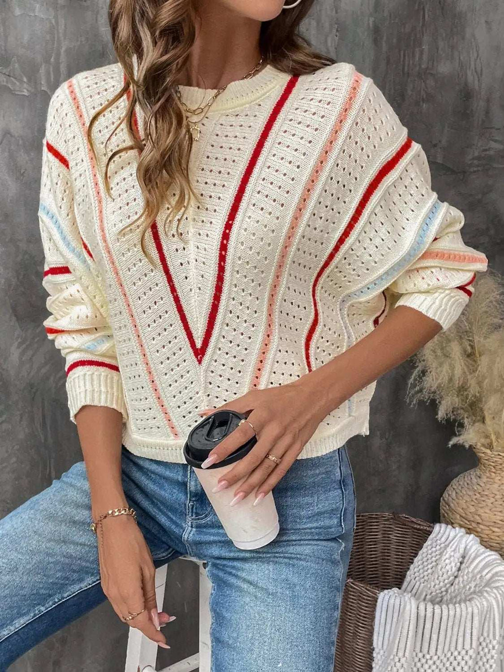 Eyelet Round Neck Long Sleeve Sweater - Trendsi - Flyclothing LLC