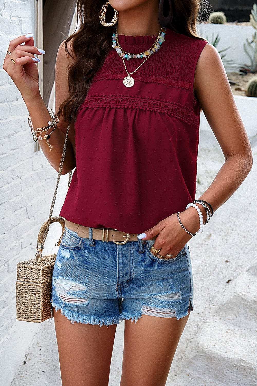 Swiss Dot Round Neck Tank - Trendsi - Flyclothing LLC