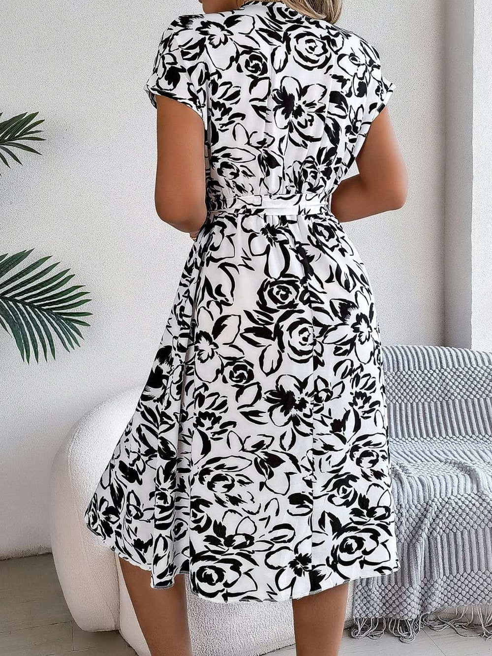 Printed V-Neck Short Sleeve Dress - Trendsi - Flyclothing LLC