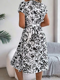 Printed V-Neck Short Sleeve Dress - Trendsi - Flyclothing LLC