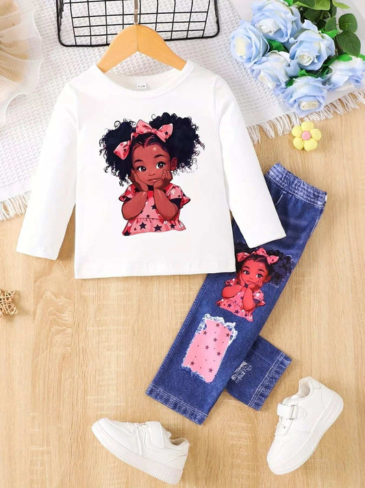 Children's Cartoon Girl Long Sleeve Top & Jeans Set - Trendsi - Flyclothing LLC