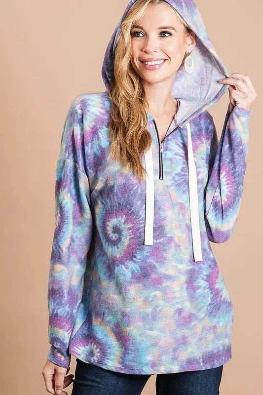 BiBi Brushed Circular Tie Dye Print Terry Hoodie - Trendsi - Flyclothing LLC