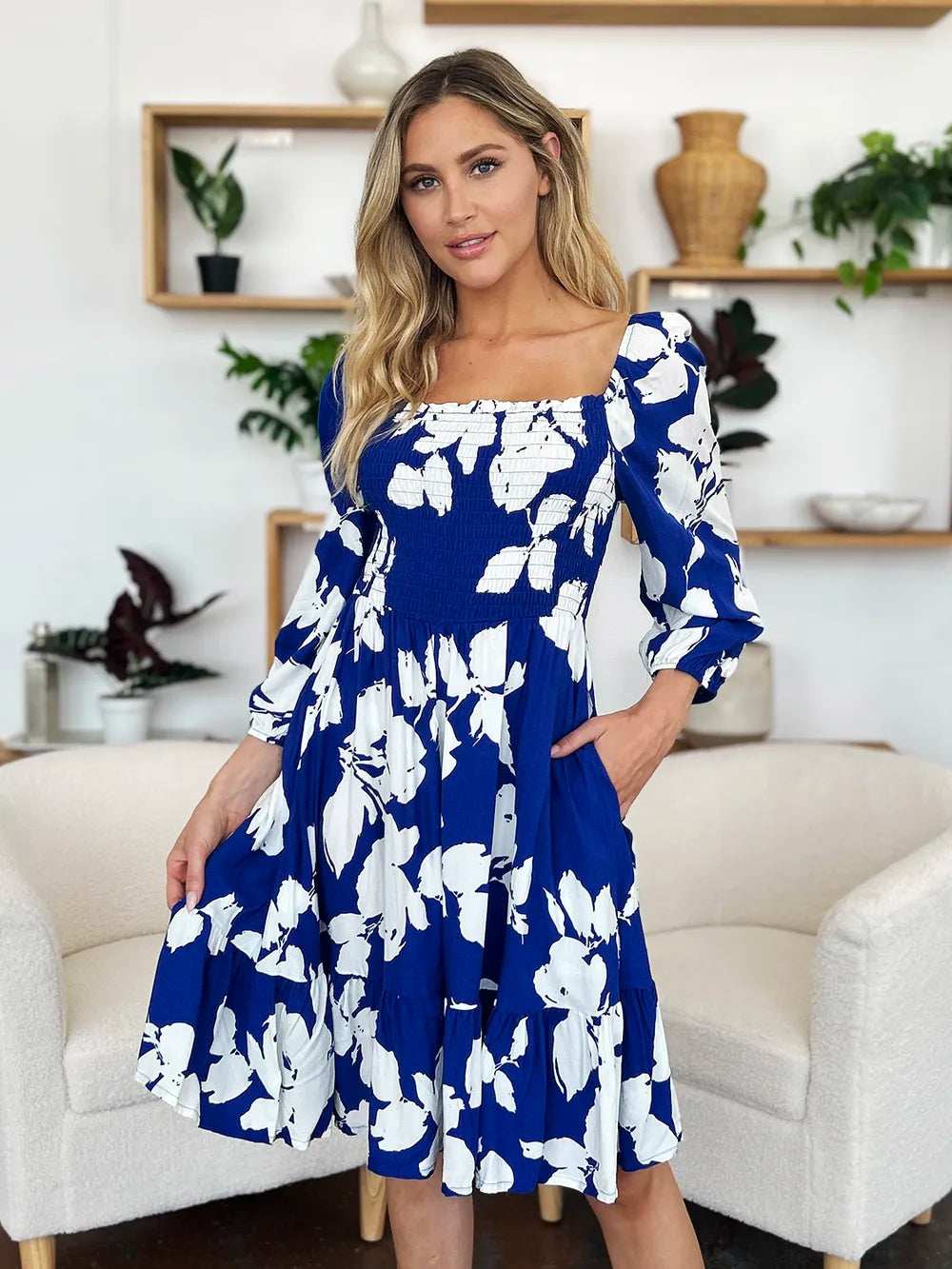 Double Take Full Size Floral Ruffle Hem Smocked Dress with Pockets - Trendsi - Flyclothing LLC