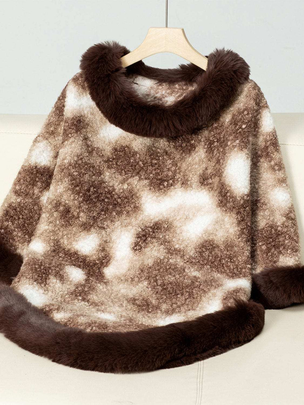 Furry Contrast Three-Quarter Poncho - Trendsi - Flyclothing LLC