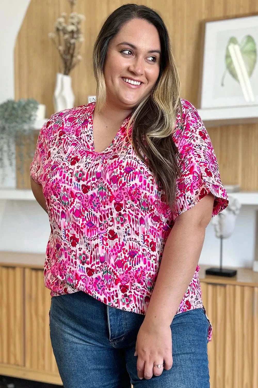 Double Take Full Size Printed V-Neck Short Sleeve Blouse - Trendsi - Flyclothing LLC