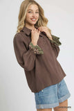 Umgee Half Button Blouse with Leopard Print Trim - Trendsi - Flyclothing LLC