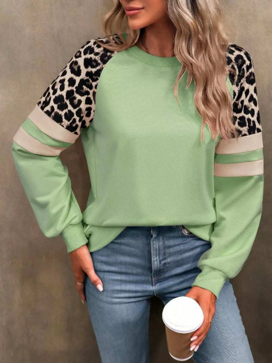 Leopard Round Neck Raglan Sleeve Sweatshirt - Trendsi - Flyclothing LLC