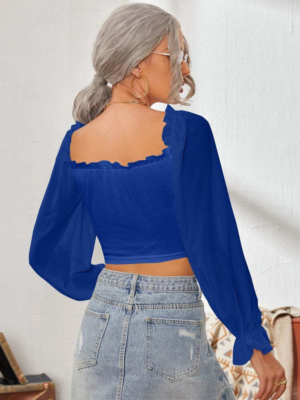 Mesh Sweetheart Neck Flounce Sleeve Top - Trendsi - Flyclothing LLC