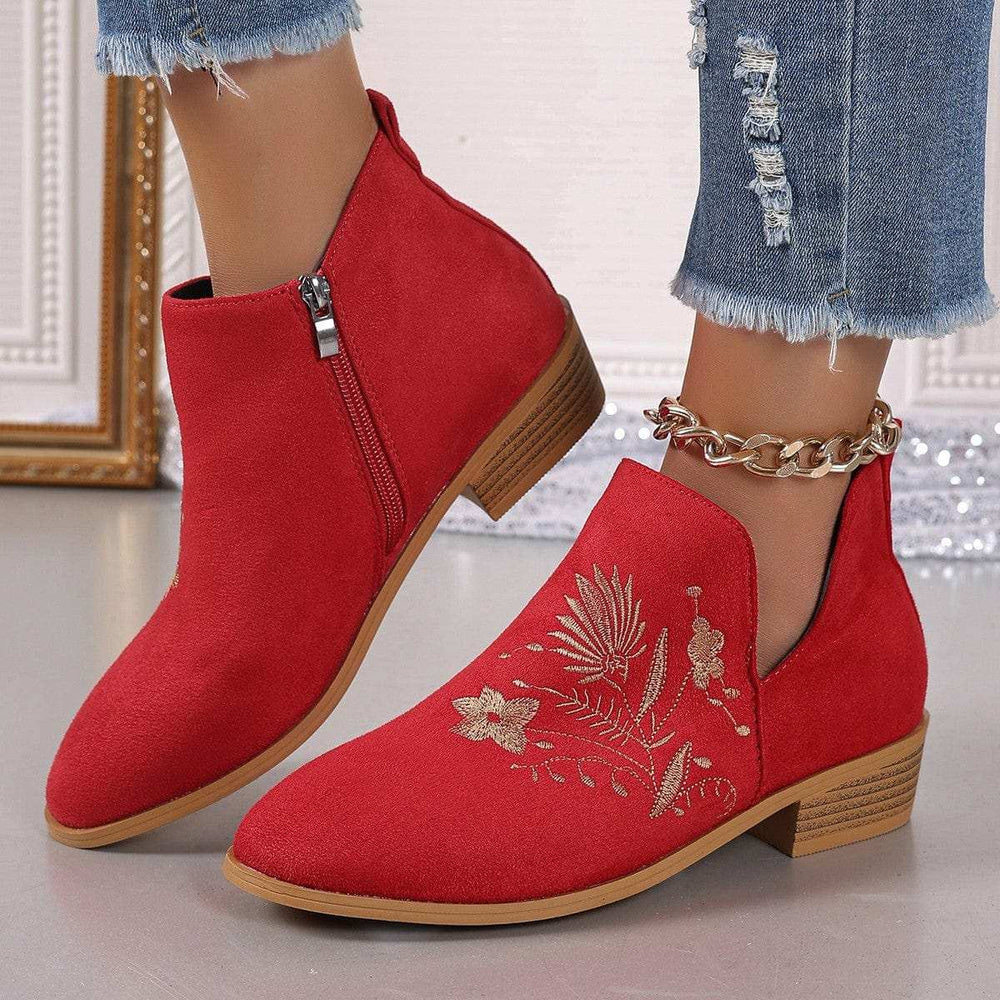 Embroidered Suede Point Toe Block Heel Boots - Trendsi - Flyclothing LLC