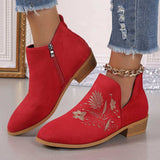 Embroidered Suede Point Toe Block Heel Boots - Trendsi - Flyclothing LLC